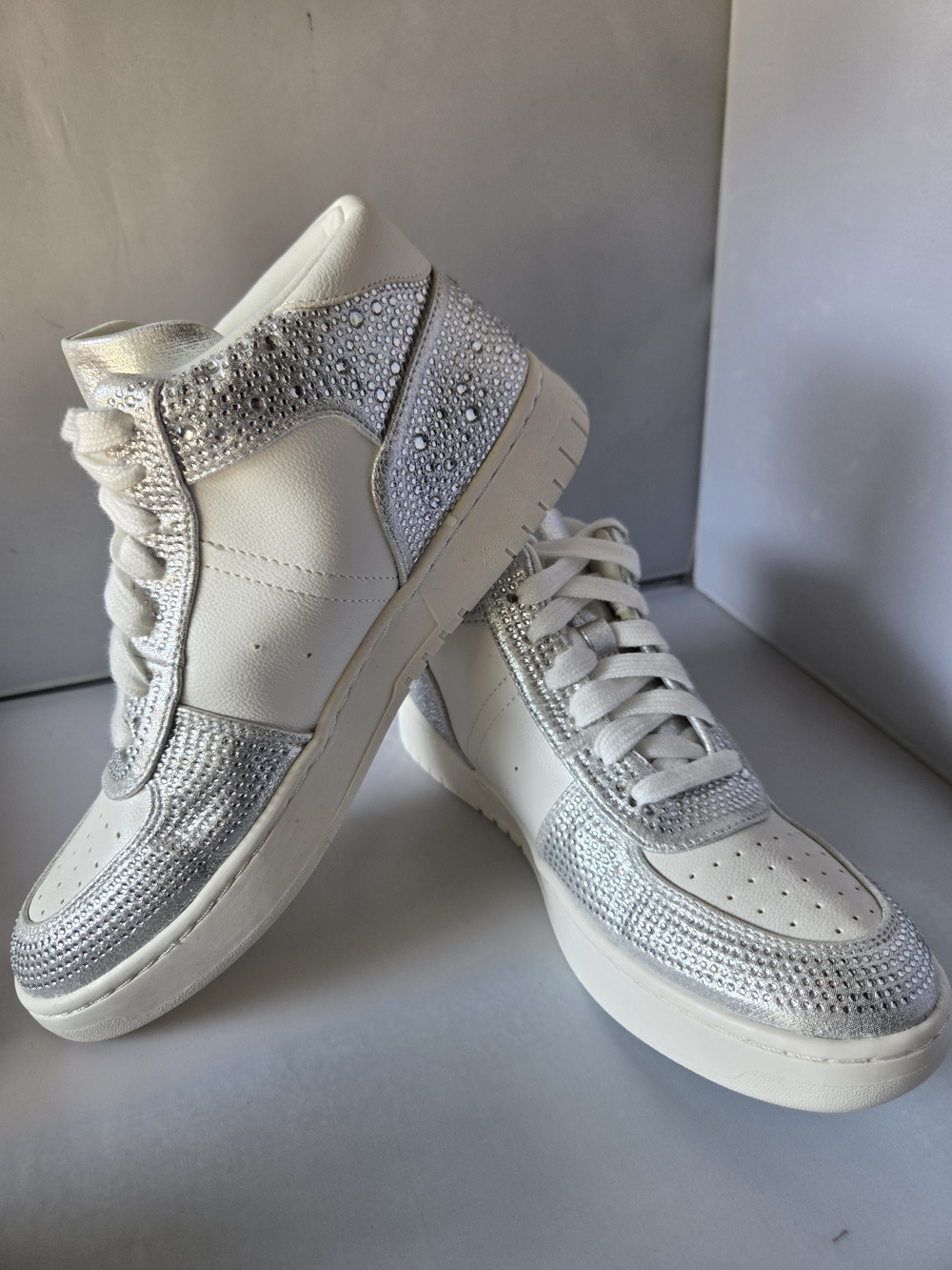 Wild Pair Silver and White Rhinestone High-Top Sneakers - Picture 2 of 7